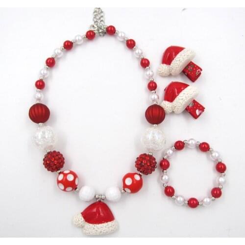 2020 New Design Girls Christmas Hat Charm Chunky Red+White Bubblegum Beads Necklace Bracelet Hairpin Set Gift For Child 3pcs/Set