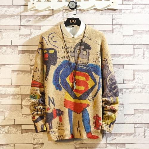 2020 High-End Spring and Autumn Cartoon Graffiti Printing Sweater Men 's plus Size Knitwear Sweater Shirt