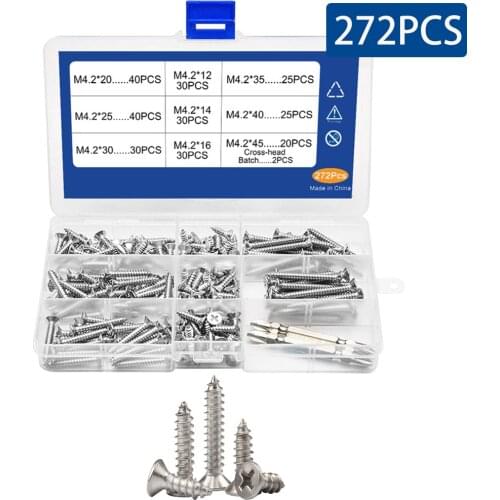272PCS/Box Stainless Steel M4.2 Countersunk Flat Head Tapping Screws With Cross Recessed Screw Kit Phillips Screw Assortment Kit