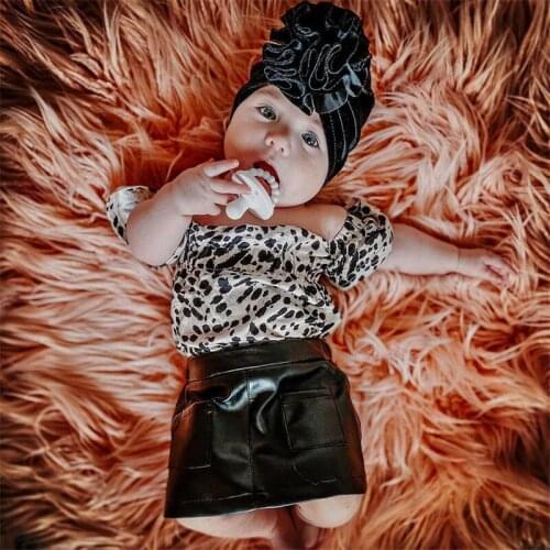 Baby Girls Clothes Suits Fashion Summer Toddler Girls Outfits Off Shoulder Leopard Print Bodysuits+PU Leather A-line Skirts
