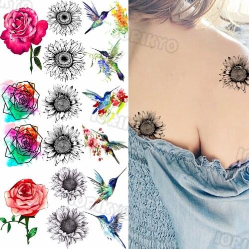 Black Sun Flower Temporary Tattoos For Women Girls Watercolor Rose Flower Hummingbird Fake Tattoo Sticker Back Arm Tattoos Sexy
