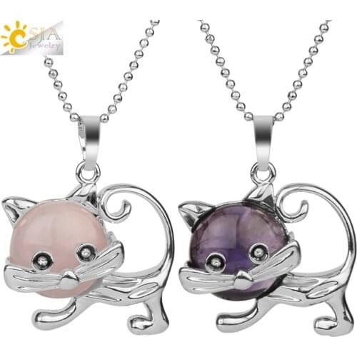 CSJA Lovely Animal Cat Pendant Natural Stone Purple Crystal Pink Quartz Tiger Eye Healing Jewelry for Women Girls Necklaces G240