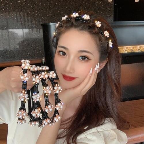 Korean version of double-layer Liuhai diamond pearl fixed hairpin braided hair buckle womens fashion headband jewelry
