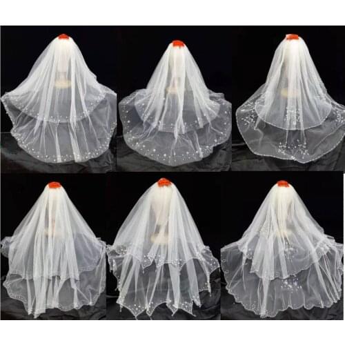 Fashion Short Bridal Two-Layers Beading Veil Appliqued Wedding Veils with Comb Around Hem Beads 70+95cm