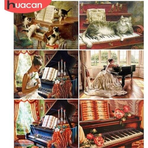 HUACAN DIY Diamond Painting Landscape Piano Diamond Embroidery Cat Rhinestone Of Picture Cross Stitch Girl Handcraft Decor