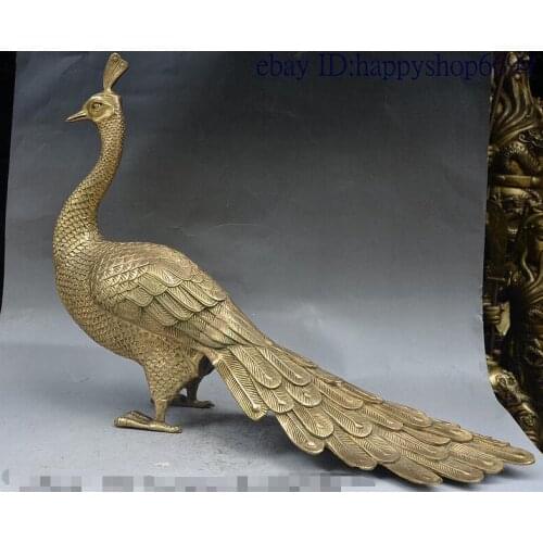 21cm" China Folk A FengShui Brass Rich Wealth Bird Peacock Statue