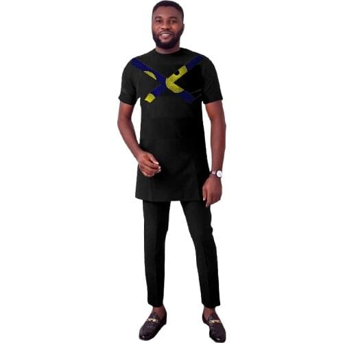 Black Cotton Mens Outfits Short Sleeve Tops+Pant African Festival Man Suits Wedding Party Wear Customized
