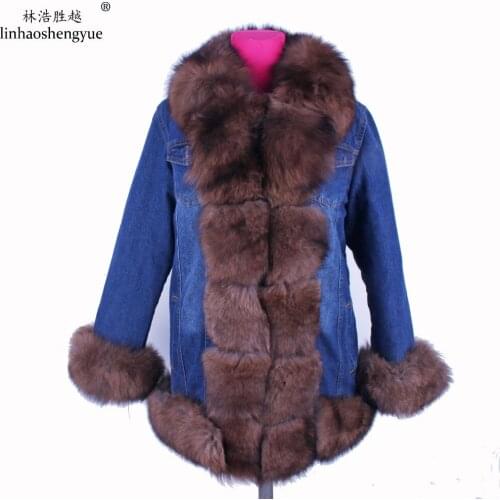 Linhaoshengyue 75cm Thickening Can Remove Lining Women Coat Fox Fur Collar Thickened Cotton Linings