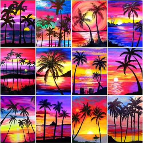 Coconut Tree Diamond Painting Sunset Cross Stitch Kits Diamond Embroidery Seaside Full Square Round Drill Landscape Home Decor