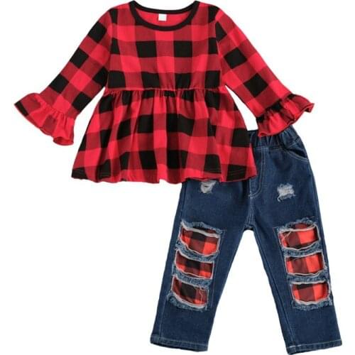 2-8 Years Kids Girl Plaid Outfits 2021 Spring Autumn Ruffle High Waist Flare Sleeve Dress Tops Ripped Denim Trousers Girls Set