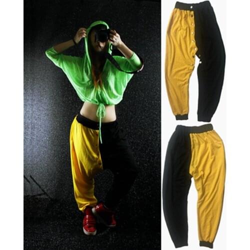 2016 New Fashion Women Hip hop Harem Pants Buttons Patchwork Jazz DS Stage Performance Competition Dance Sprots Trousers