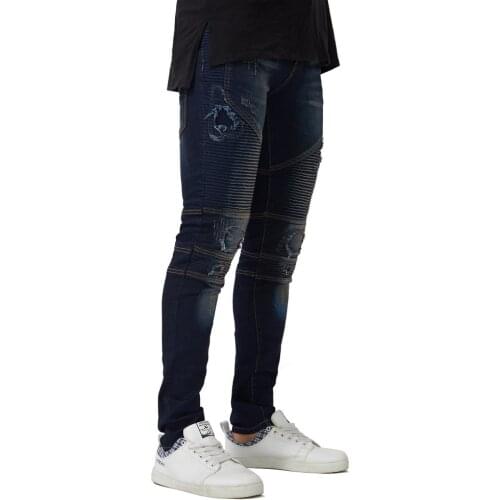 2018 New Mens Motorcycle Biker Jeans Stretch Ripped Destroyed Pencil Jeans