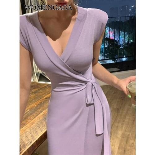 WOMENGAGA Purple Lace Up Bandage Tank Vest Dress Long Maxi Dresses High Waist V Neck Summer Sexy Hot Korean Robe Women 6O71