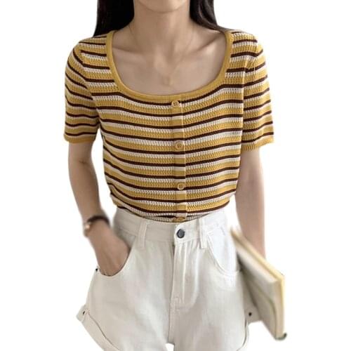 Striped Korean Style Slim-fit Square-neck Short Tee Shirt Womens Short-sleevShort High-waist Umbilical Loose Top