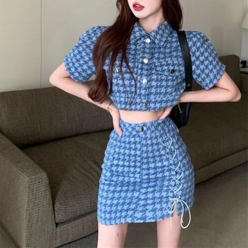 Alien Kitty Summer 2021 Hot Ladies Suit Vintage Plaid Blue Single-Breasted Top Chic Fashion Casual Slim A-Line New Female Skirt