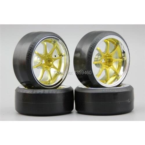 Pre-Glued 4pcs RC CS-R Drift Tires Tyre Wheel W8S1CG 6mm offset (Chrome+Painting Gold) With Silencing Sponge For 1/10 drift