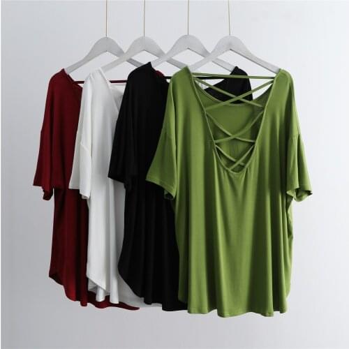 Sexy Backless Modal Women T-Shirts Loose Green Off Shoulder Sexy Female Pulls Outwear Tops Tees