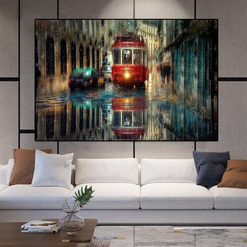 Modern The Lisbon City Paintings Red Bus Rainy Street Posters and Prints Oil Canvas Painting Wall Art Pictures for Living Room
