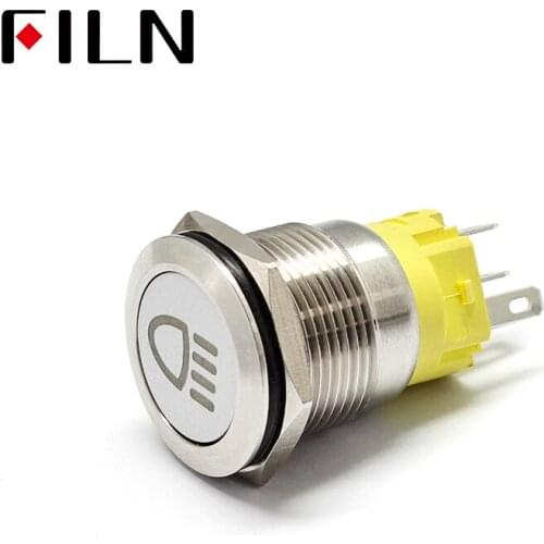 19mm 12v 24v LED Momentary Latching Stainless Steel anti vandal waterproof metal Push Button Switch with headlamp symbol