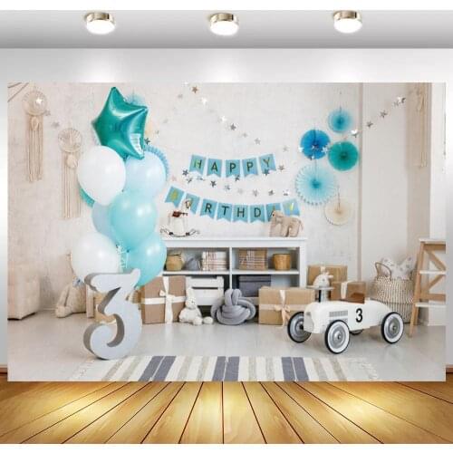 Green Balloons Car Toys Kids 3rd Birthday Backdrops Photography Locker Gift Boxes Interior Home Decor Photo Backgrounds Vinyl