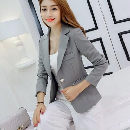 2020 Womens Blazer Gray Long Sleeve Blazers Solid One Button Coat Slim Office Lady Jacket Female Tops Suit Blazer Femme Jackets