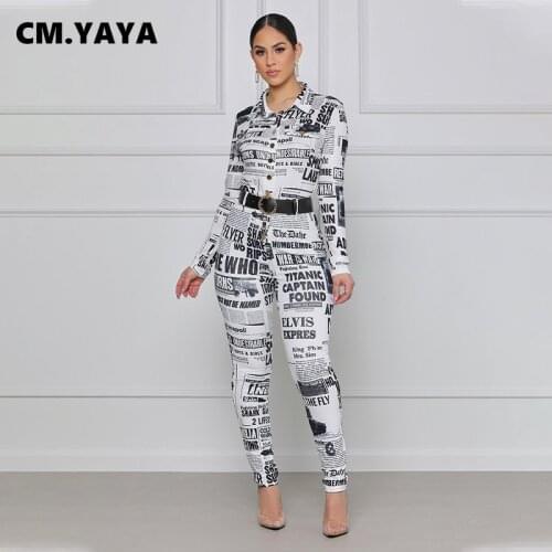 CM.YAYA Women Newspaper Letter Print Button Up Jumpsuit Elegant INS Autumn Winter Turn-down Neck One Piece Overall Romper Outfit