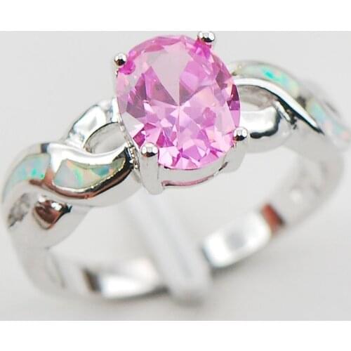 Pink Crystal Zircon White Fire Opal 925 Sterling Silver Woman Ring Size 6 7 8 9 10 R1164