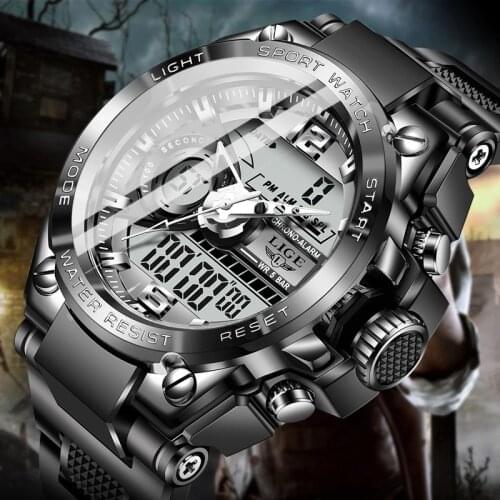 2021LIGE New Creative Diver Watch Men Waterproof Alarm Watch Dual Display Clock Sport Men Quartz Digital Watch Relogio Masculino