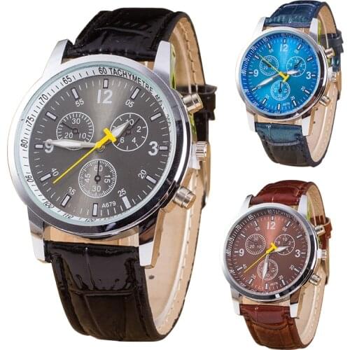 Leather Band Watch Quartz Wristwatches Three Eyes Glass Dial Male Clock