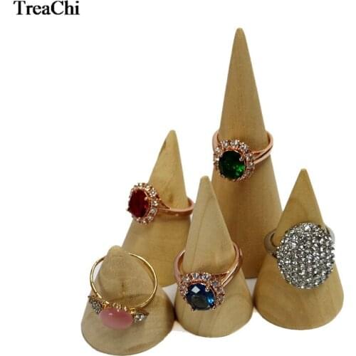 5 Sizes Unpaint Cone Shape Ring Holder Rack Natural Country Retro Style Pine Wood Jewelry Ring Display Storage Organizer Stand