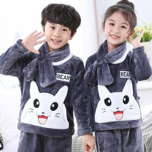 Girls Flannel Pajamas Suits Autumn Winter Long Sleeve Nightwear Boys Sleepwear Home Warm Pyjamas Sets for Kids Pijamas+ Scarf