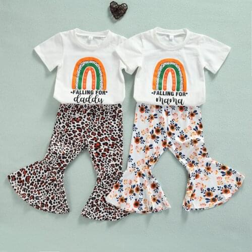 FOCUSNORM 1-6Y Summer Lovely Girls Clothes Sets 2pcs Letter Rainbow Printed Short Sleeve T Shirts Floral/Leopard Flare Pants