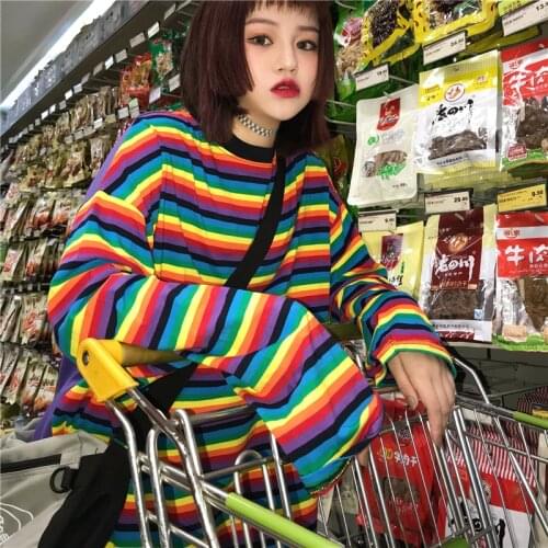 1 Pc Causal Cotton Tshirt Women Striped Tshirt Rainbow Shirt Female Loose Harajuku Top Shirts Punk Style Tops