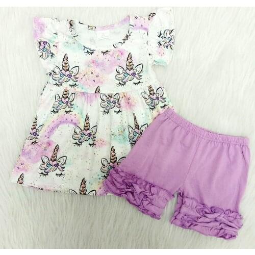 High quality summer girl outfit purple ruffle shorts and colorful unicorn pattern top 2 pieces set girl clothing