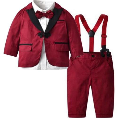 Long Sleeve Red Formal Clothes Suit for Boys Dress Baby T-Shirt + Coat + Pants + Bow Belt 5 Pieces Children Birthday Party