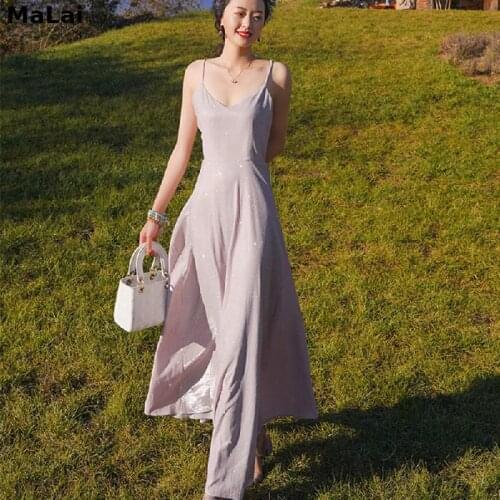 Summer Women Maxi Long Sleeveless Dress V Neck One Piece Shiny Gorgeous Suspenders Dress Backless Pink Party Sparkle Dresses