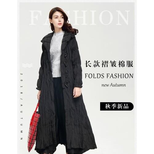 HOT SELLING Miyake Fold the pure color long sleeve long horn button horn with hood long black Cotton IN STOCK