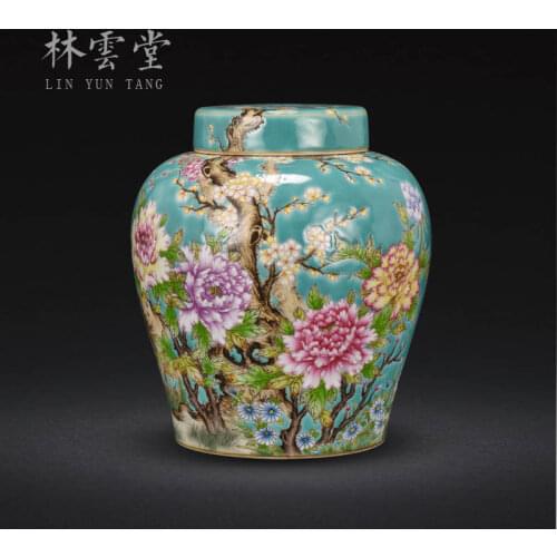 Lin Yuntang hoard of green hand colored enamel peony flower tea pot handmade ceramic seal decorative furnishing articles
