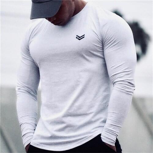 New long-sleeved pure cotton T-shirt mens gym fitness exercise tight-fitting t-shirt summer mens t-shirt sports top running tr