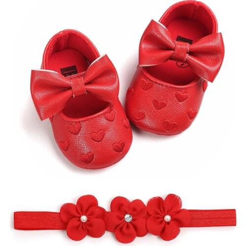 2021 New Baby Girls Shoes PU Leather Bowknot Soft Sole Princess First Walkers Shoes Flower Headband