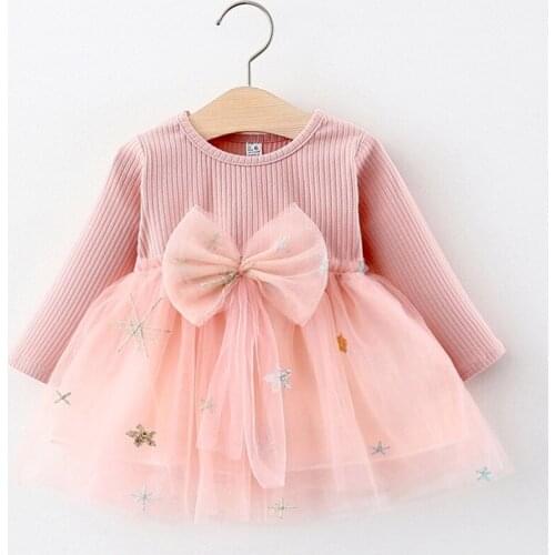 Baby Girl Dress 2021 Autumn New Children Mesh Patchwork Princess Dress with Bowknot Baby Girls Solid Fashion Style Casual Dress