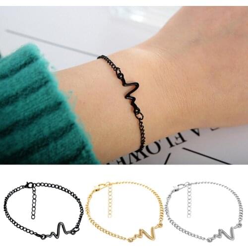 Simple Unisex Electrocardiogram Charm Adjustable Bracelet Couple Wrist Jewelry Gold Color Sliver Charm Bracelets Bracelets