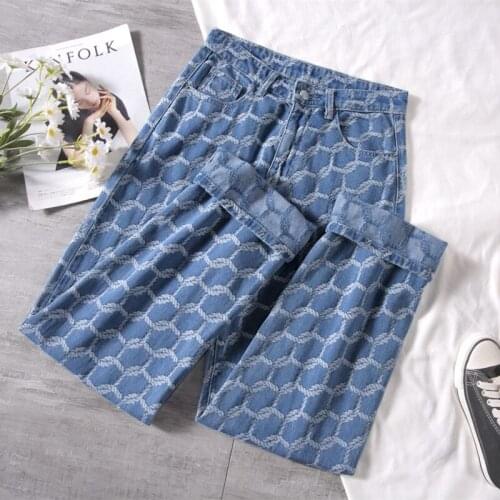 Plus Size High Waist Blue Jacquard Jeans For Women Loose Wide Leg Pants Summer Fall Straight Denim Pants Female Trousers 303