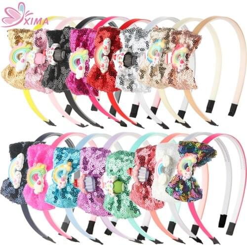 XIMA 3inch Glitter Rainbow Hair Bows Hairband Girls Kids Plastic Headband Bows Hair Hoops Kids Children Party Hair Accessories