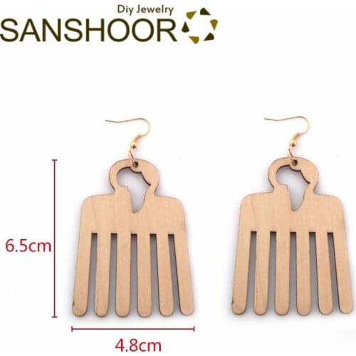 SANSHOOR Afro Pick Comb Natural Hair Wooden Earrings With African Motherland Map Hole For Women As Christmas Day Gift 6Pcs/lot