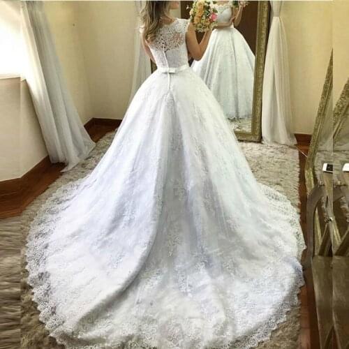Wuzhiyi wedding dress luxury A-line marriage dress long train vestido de noiva o neck vestidos zipper back robe beading dress