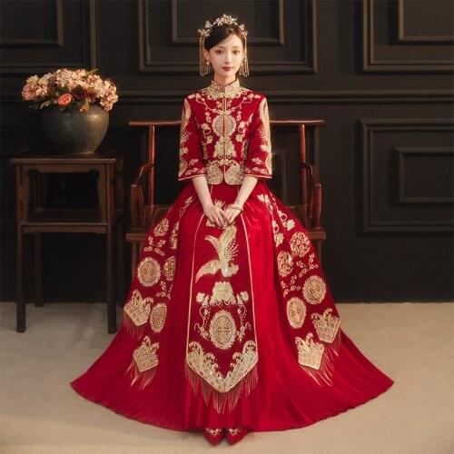 Traditional High Quality Phoenix Embroidery Tassels Bride Groom Wedding Dress Retro Chinese Refined Stylish Marry Cheongsam