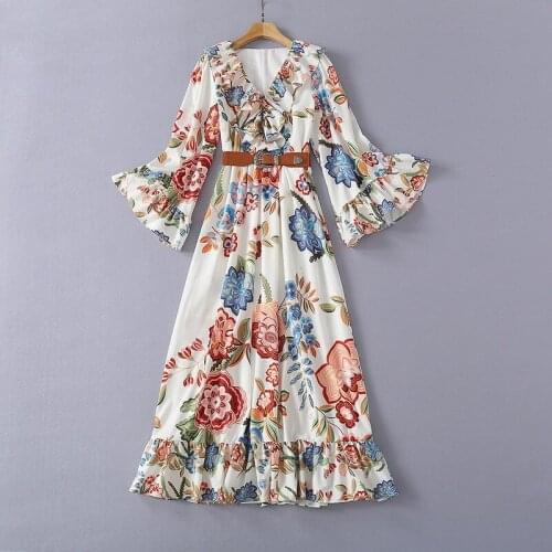 European and American womens clothing spring 2021 new Long sleeve ruffled V-neck Fashionable flower print belt dress