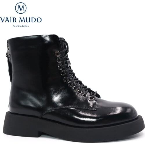 VAIR MUDO Women Ankle Boots Shoes Elegant Thick Bottom Round Toe Work & Safety Sewing Solid Black Lace Up Platform Boots DX41