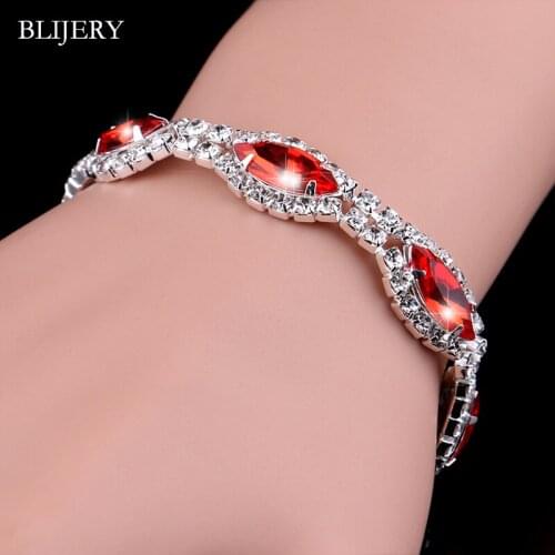 BLIJERY Marquis Shape Bracelets & Bangles for Women Red Rhinestone Crystal Bridal Bracelets Party Wedding Jewelry Birthday Gift